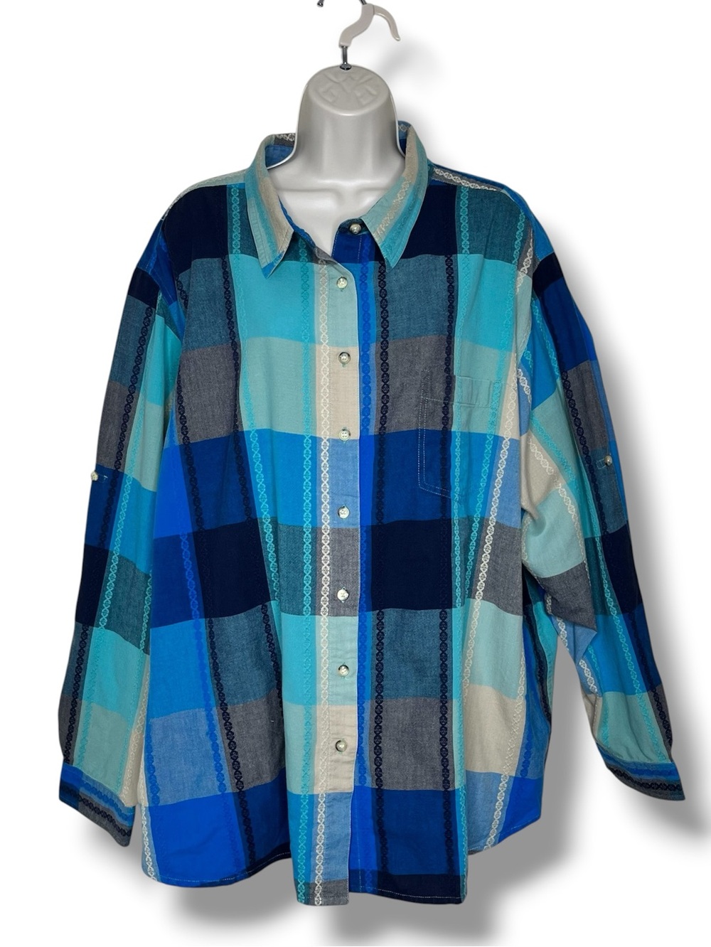 CST Sport Womens 4X Blue Teal Plaid Button Front Shirt Long Sleeve 100% Cotton